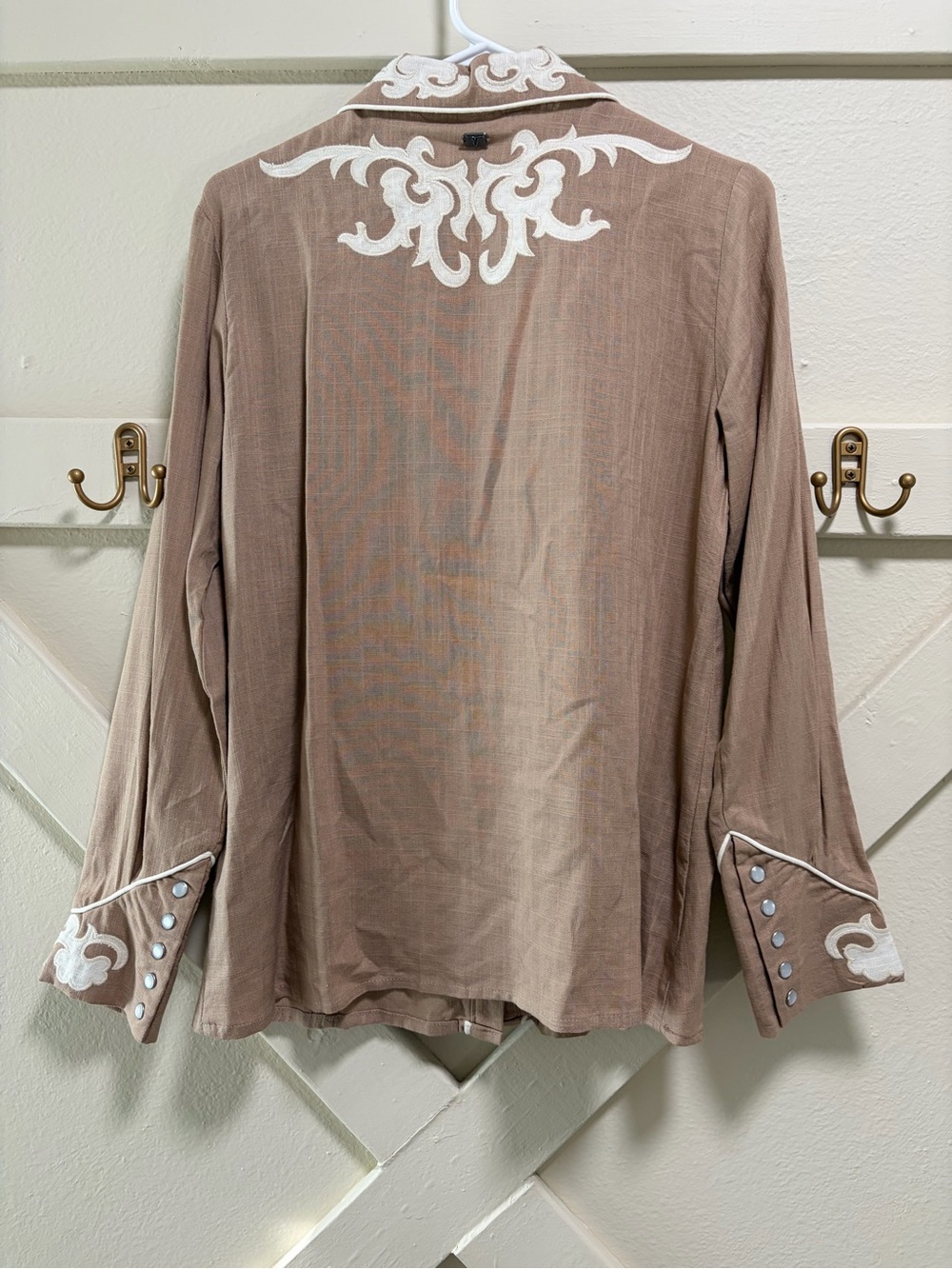 Lucky & Blessed Tan Western Snap Shirt with White/Cream Embroidery - Picture 7 of 11